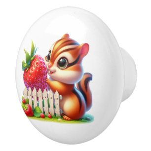 Cute strawberry chipmunk kitchen ceramic knob