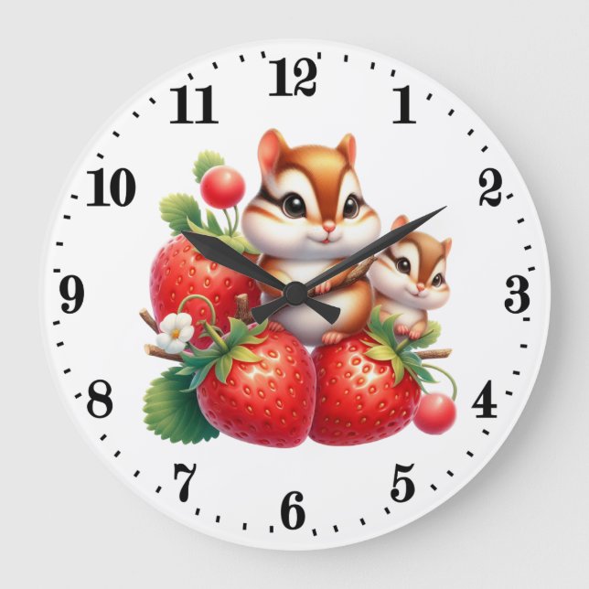 Cute strawberry chipmunk lovers  large clock (Front)