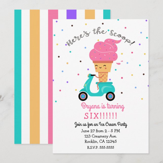Cute Strawberry Cone Summer Ice Cream Party Invitation (Front/Back)
