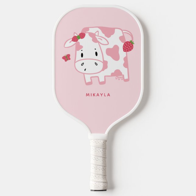 Cute Strawberry Cow Cartoon and Pattern   Pickleball Paddle (Front)