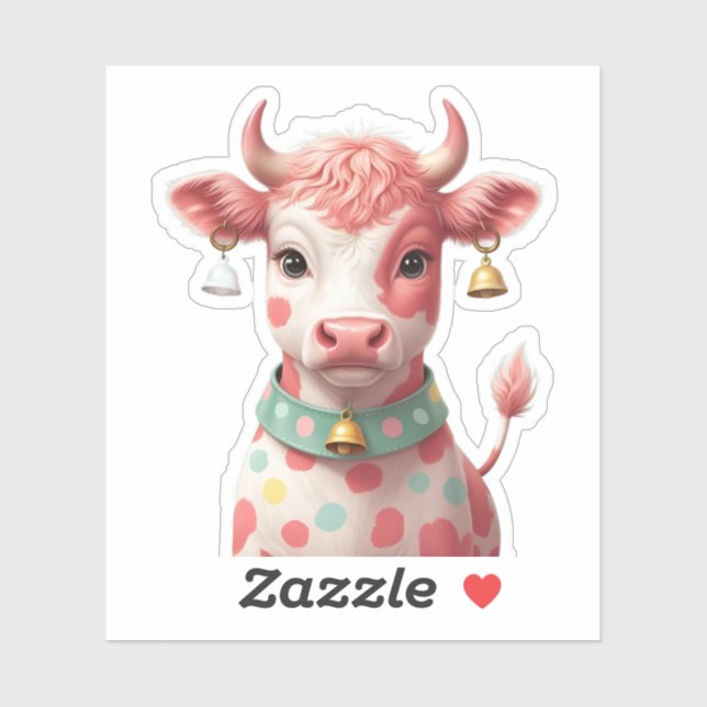 Cute Strawberry Cow Sticker with Bell Collar & Pas (Sheet)