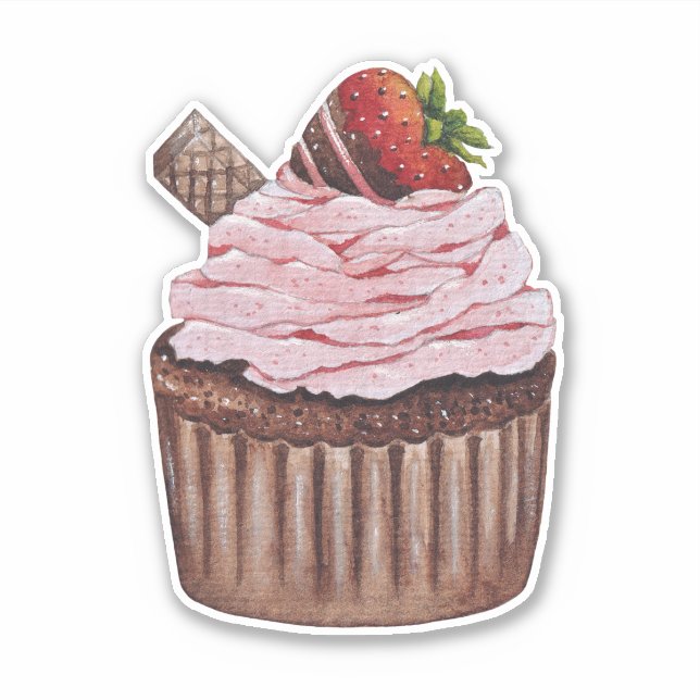 Cute Strawberry Cupcake  In Watercolor  (Front)