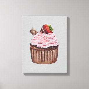 Cute Strawberry Cupcake  In Watercolor  Canvas Print