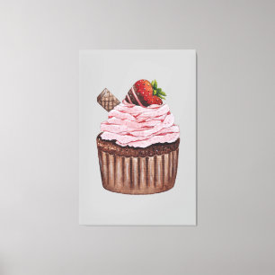 Cute Strawberry Cupcake  In Watercolor   Canvas Print