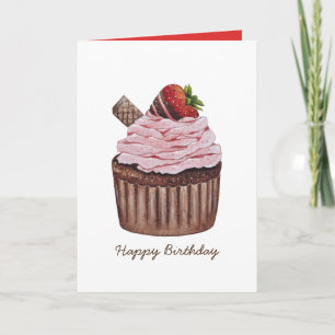 Cute Strawberry Cupcake In Watercolor  Card
