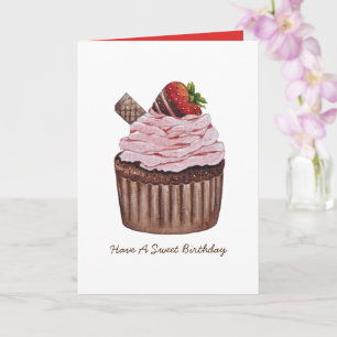 Cute Strawberry Cupcake In Watercolor Card