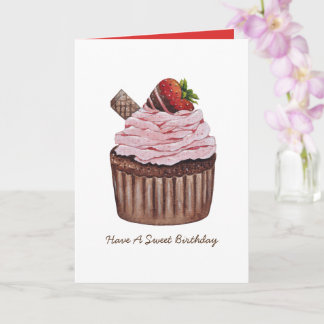 Cute Strawberry Cupcake In Watercolor Card