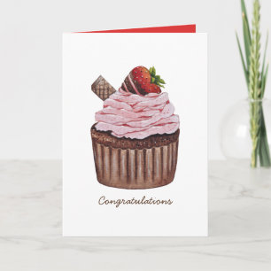 Cute Strawberry Cupcake In Watercolor Card