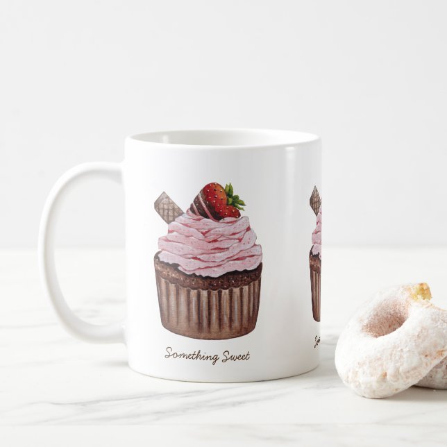 Cute Strawberry Cupcake  In Watercolor  Coffee Mug (With Donut)