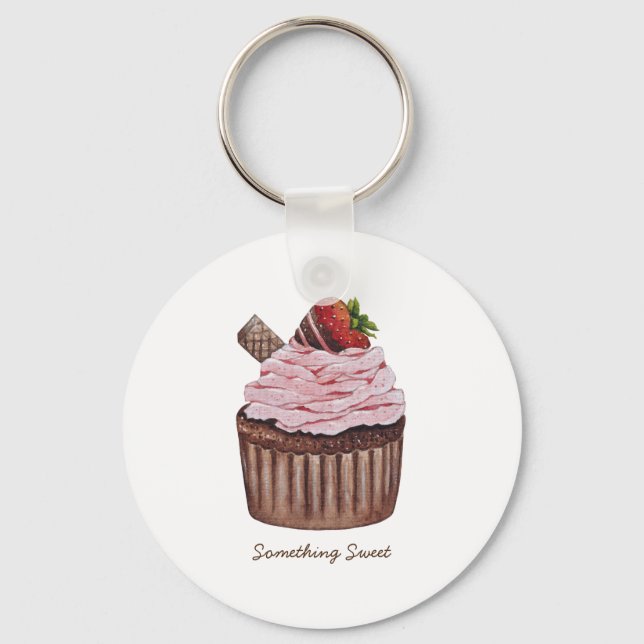 Cute Strawberry Cupcake  In Watercolor Key Ring (Front)