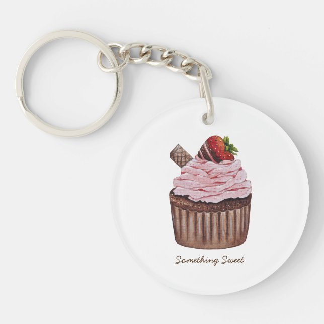 Cute Strawberry Cupcake  In Watercolor  Key Ring (Front)