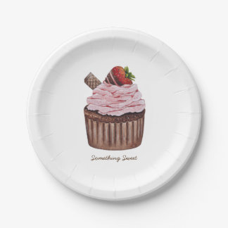 Cute Strawberry Cupcake In Watercolor Paper Plate