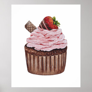 Cute Strawberry Cupcake In Watercolor Poster