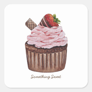 Cute Strawberry Cupcake In Watercolor Square Sticker