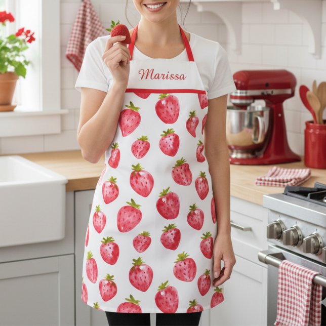 Cute Strawberry Custom Name Apron (sweet pretty strawberry apron with custom name monogram, personalized gift for her)