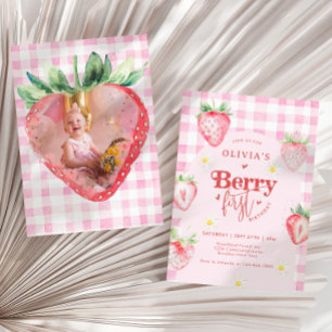 Cute Strawberry Daisy Berry First Photo Birthday Invitation