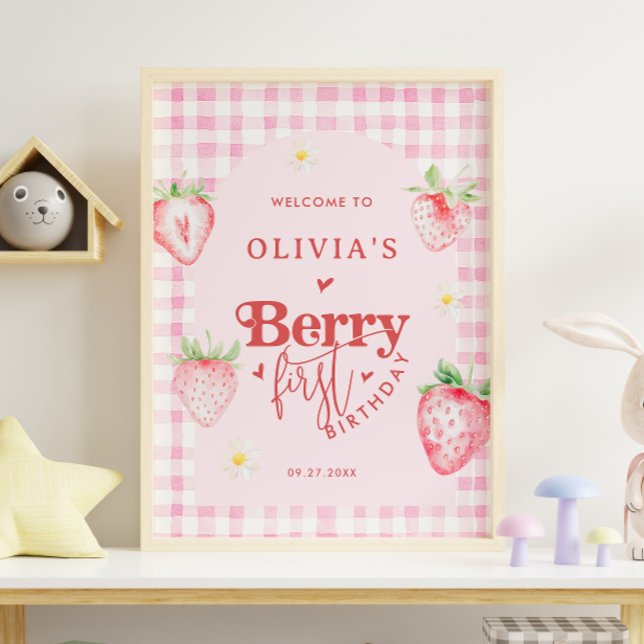 Cute Strawberry Daisy Berry First Photo Brithday Poster (Creator Uploaded)