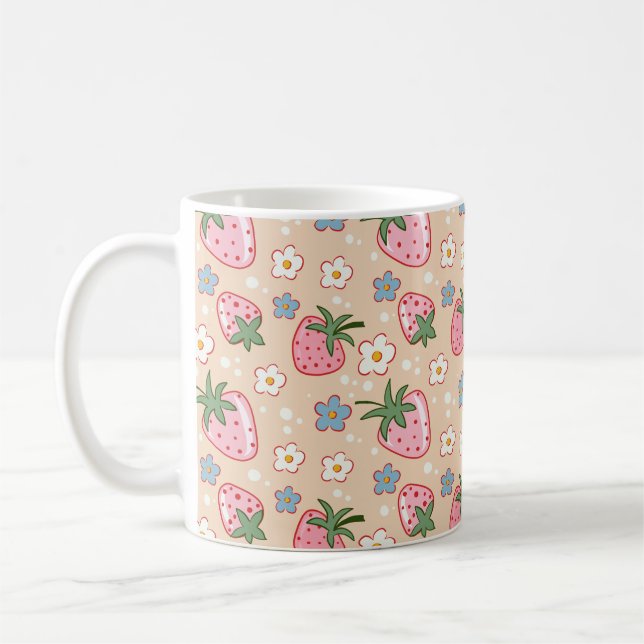 Cute Strawberry & Daisy Seamless Pattern  Coffee Mug (Left)