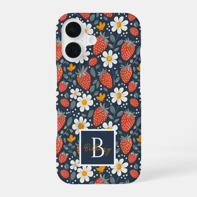 Cute Strawberry Design with custom Name   iPhone 16 Case (Back)