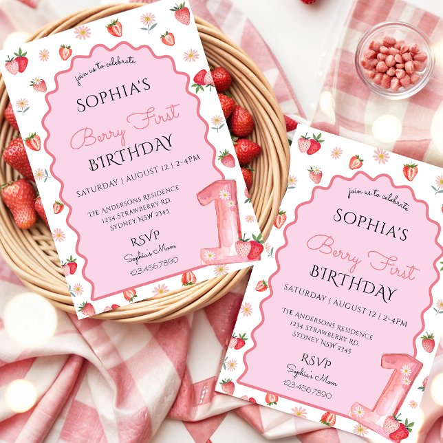 Cute Strawberry First 1st Birthday  Invitation (Creator Uploaded)