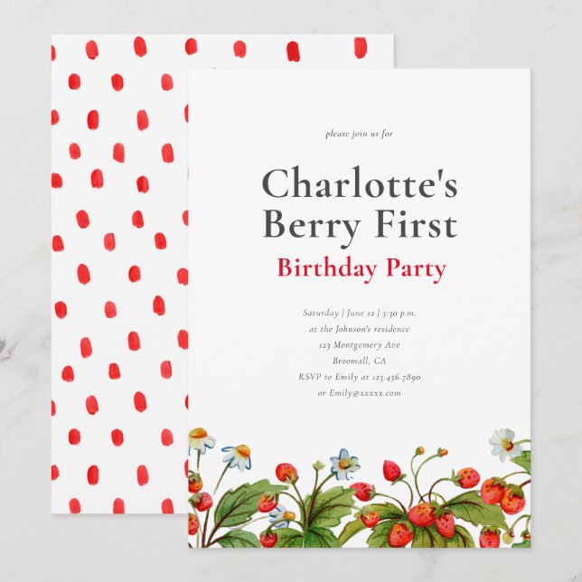 Cute Strawberry First Birthday Party Invitation (Front/Back)
