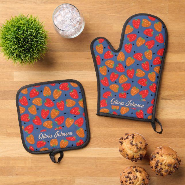 Cute Strawberry Floral Red Orange Blue Oven Mitt & Pot Holder Set (Top Down)