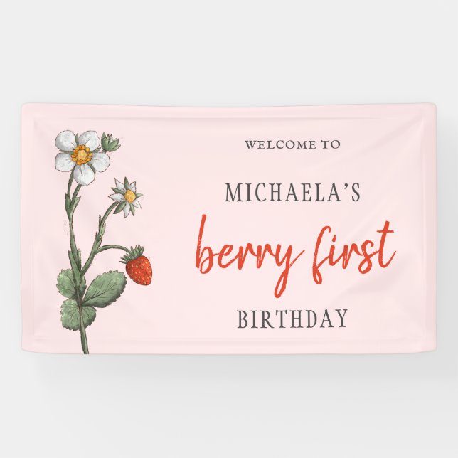 Cute Strawberry Flowers Berry First Birthday  Banner (Horizontal)