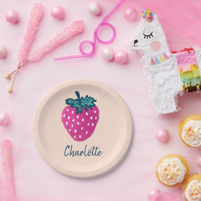 Cute Strawberry Fruit Custom Name  Paper Plate (Party)