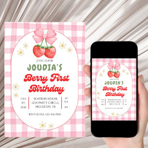 Cute Strawberry Fruit Daisy Berry First Birthday  Invitation