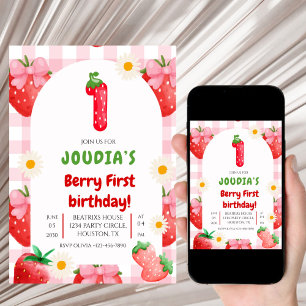 Cute Strawberry Fruit Daisy Berry First Birthday Invitation