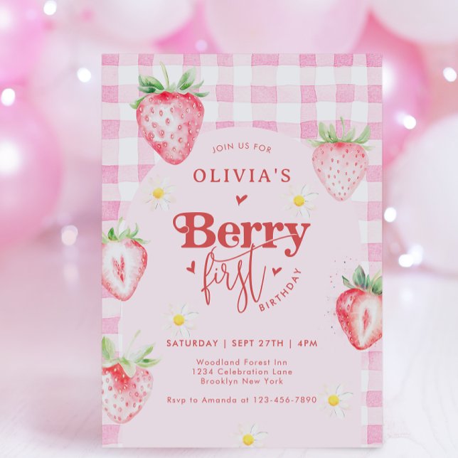 Cute Strawberry Fruit Daisy Berry First Birthday Invitation (Creator Uploaded)