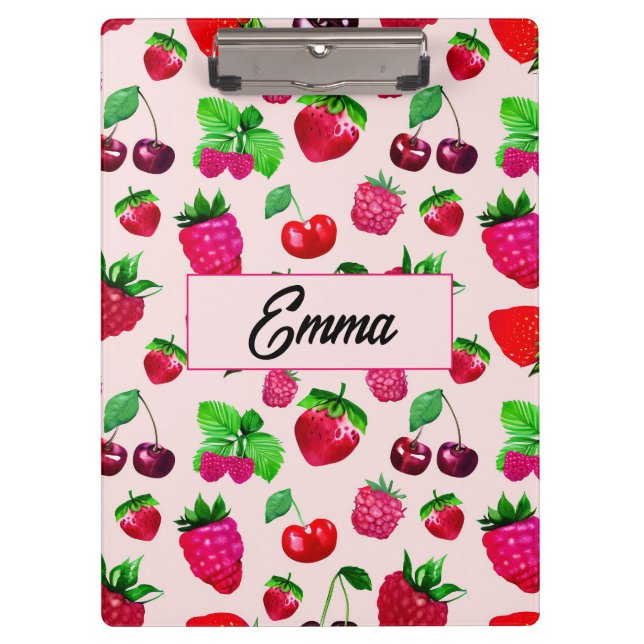 Cute Strawberry Fruit Monogram Kids Clipboard (Front)