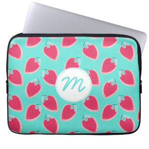 Cute Strawberry Fruit Pattern & Monogram Laptop Sleeve