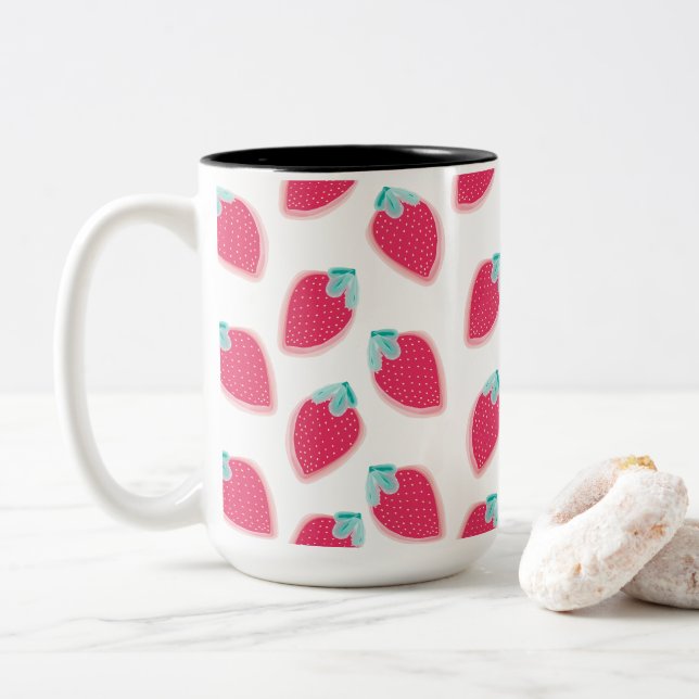 Cute Strawberry Fruit Pattern Two-Tone Coffee Mug (With Donut)