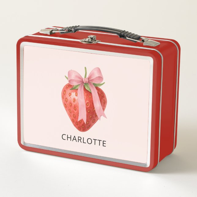 Cute Strawberry Fruit Pink Bow Coquette Monogram Metal Lunch Box (Front)