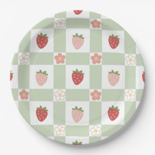 Cute Strawberry Gingham Pastel Green 1st Birthday Paper Plate