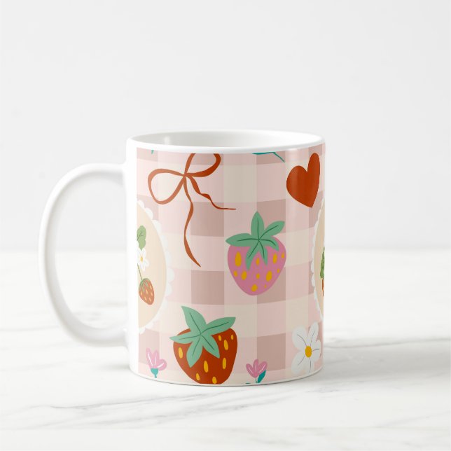 Cute Strawberry Gingham Seamless Pattern  Coffee Mug (Left)