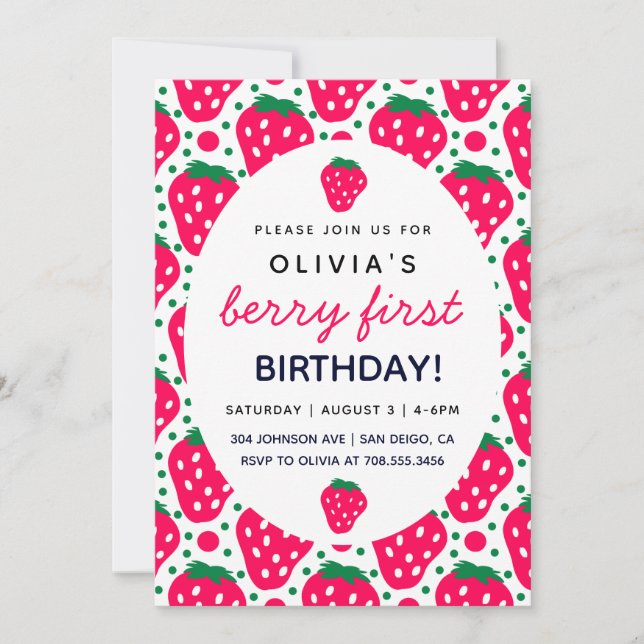 Cute Strawberry Girl Berry 1st Birthday Party   Invitation (Front)