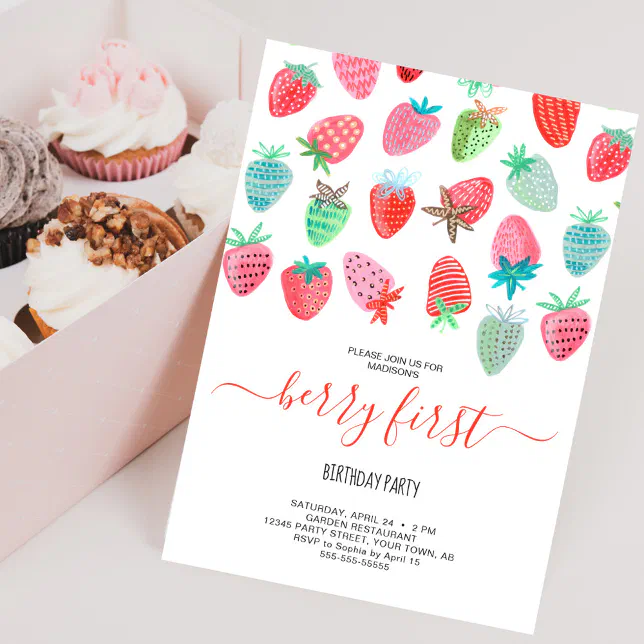 Cute Strawberry girl berry first birthday party Invitation | Zazzle