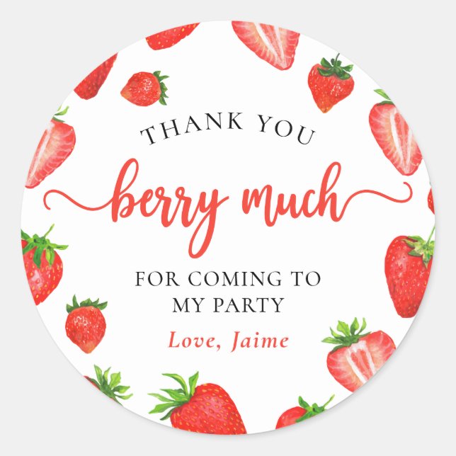 Cute Strawberry Girl Birthday Thank You Berry Much Classic Round Sticker (Front)