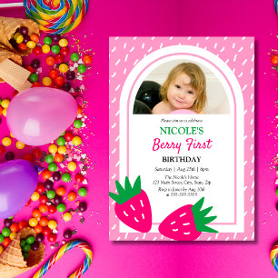Cute Strawberry Girl Photo 1st Birthday Invitation