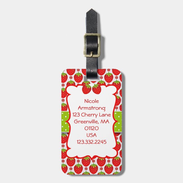 Cute Strawberry Girly & Personalised Luggage Tag (Front Vertical)