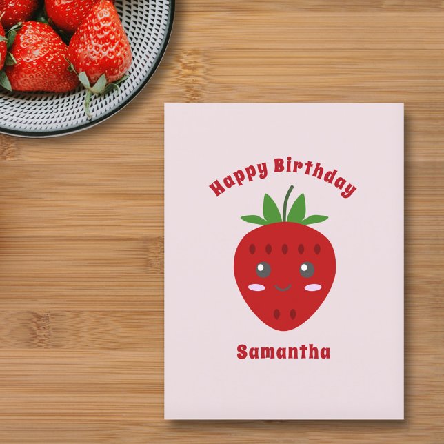 Cute Strawberry Happy Birthday Pink Postcard (Cute Strawberry Happy Birthday Pink Postcard)