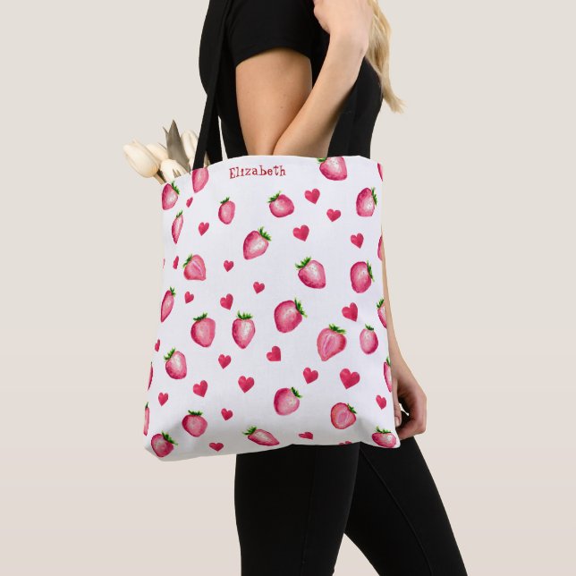 Cute Strawberry Hearts Berry Sweet Watercolor Tote Bag (Close Up)