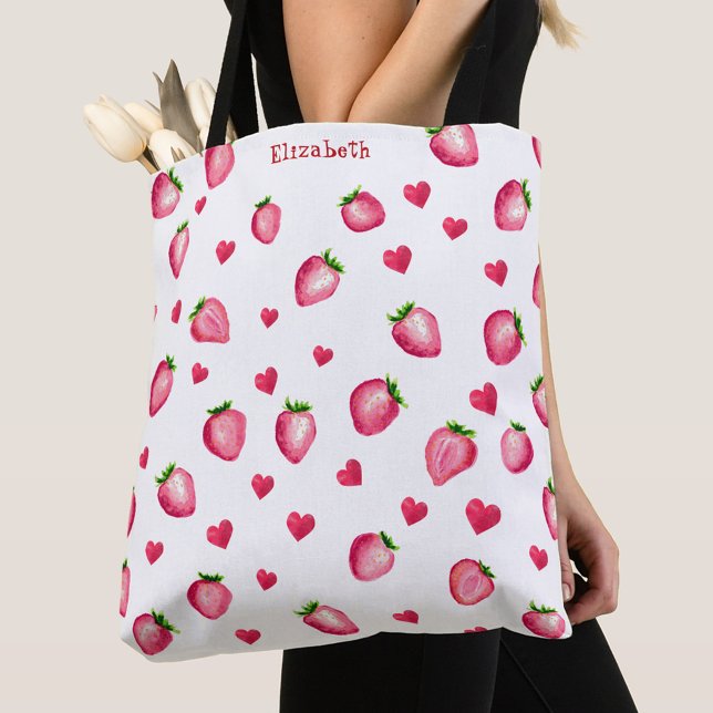 Cute Strawberry Hearts Berry Sweet Watercolor Tote Bag (Creator Uploaded)