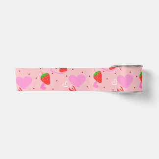 Cute Strawberry & Hearts Seamless Pattern Satin Ribbon