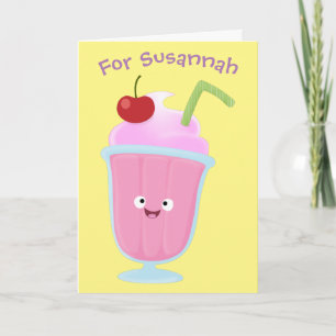 Cute strawberry ice cream sundae cartoon card