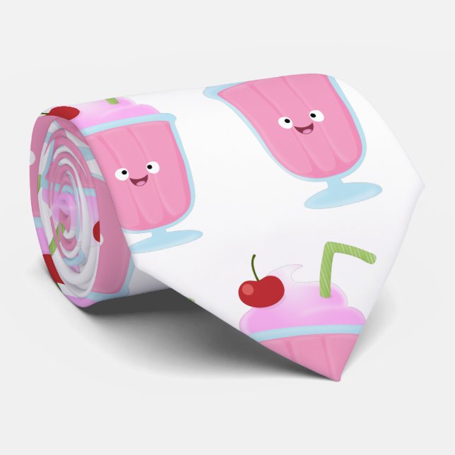 Cute strawberry ice cream sundae cartoon tie (Rolled)
