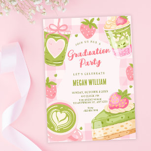 Cute strawberry matcha sweet graduation invitation