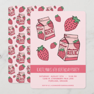 Cute Strawberry Milk Birthday Party Invitation